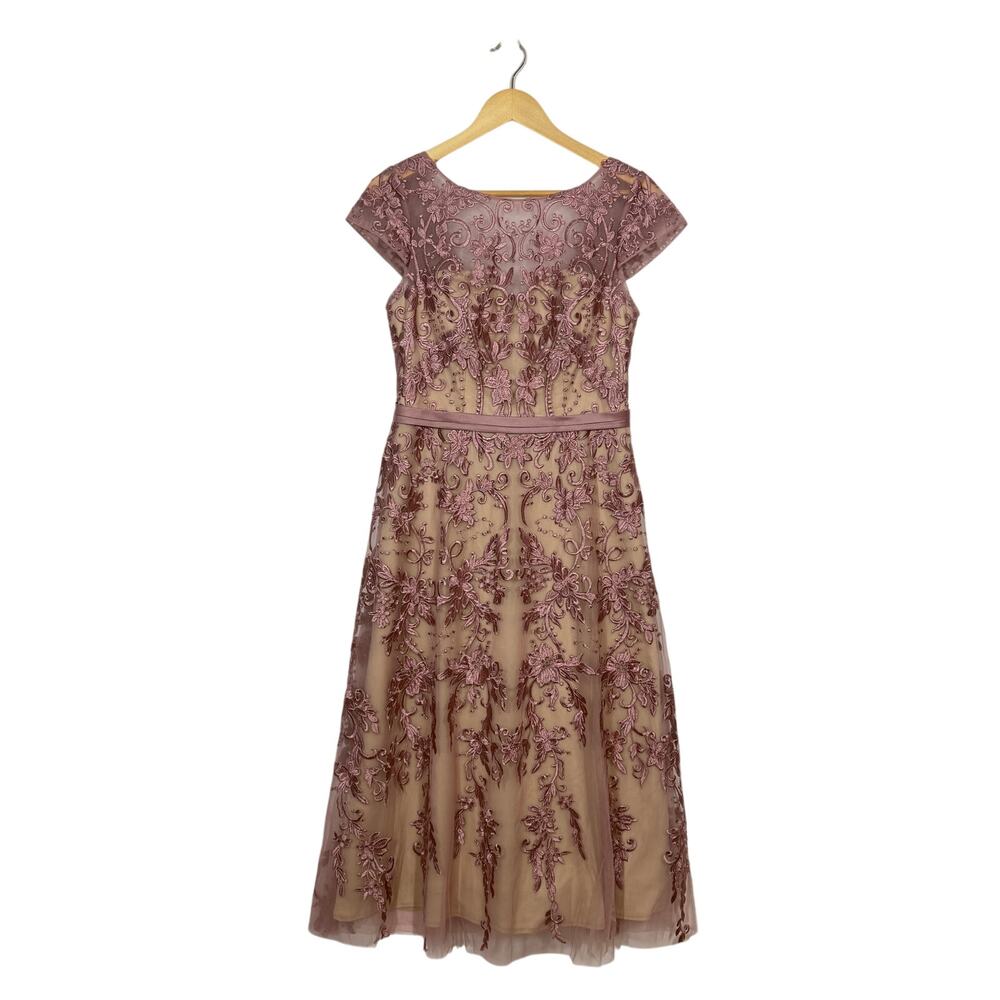 Azazie Sanna Midi Tulle A-Line Dress‎ Size 6 Dusty Rose Champagne Floral Lace